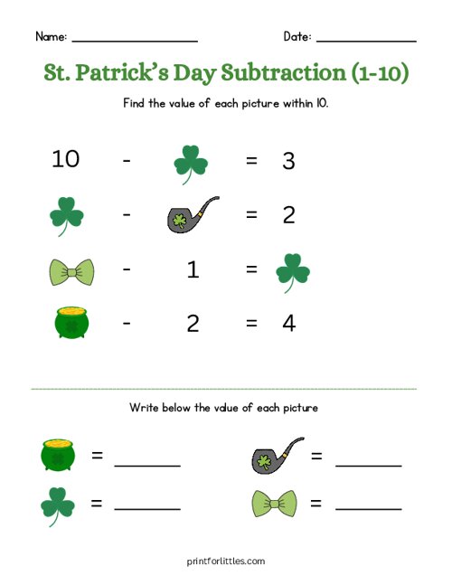 St. Patricks Day Subtraction (1-10)