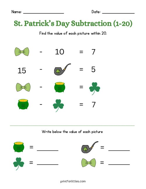 St. Patricks Day Subtraction (1-20)