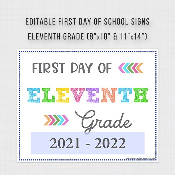 Editable First Day of Eleventh Grade Sign Printable