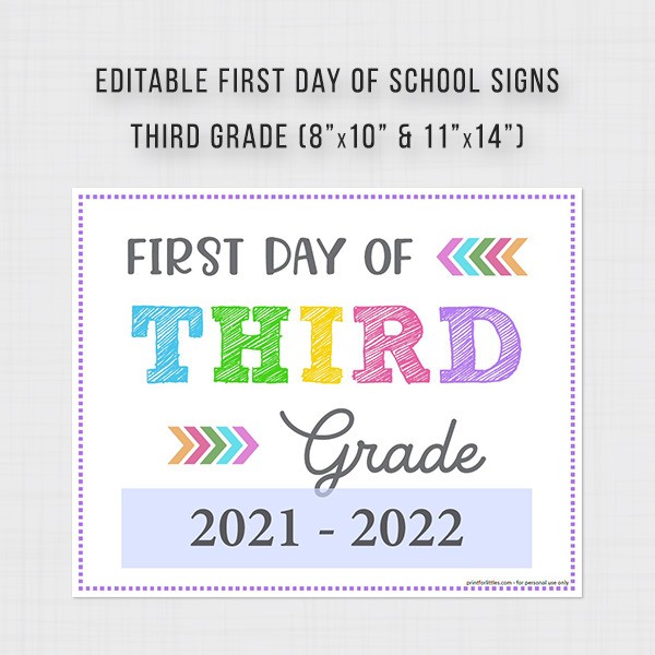 Editable First Day Of Third Grade Signs